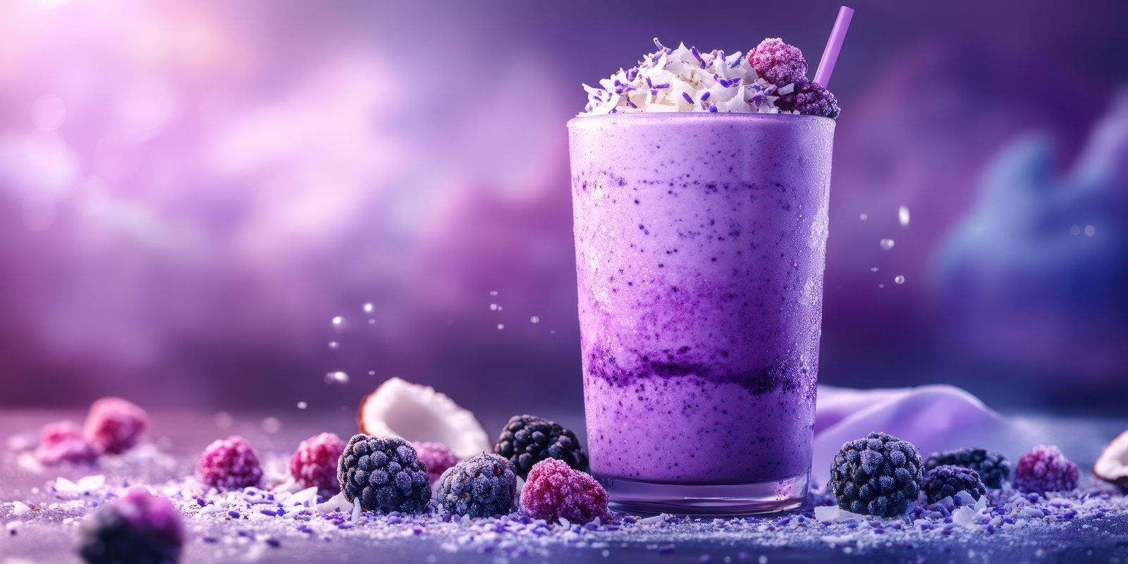 Refreshing purple berry smoothie with whipped cream and vibrant fruit garnish in a stylish glass